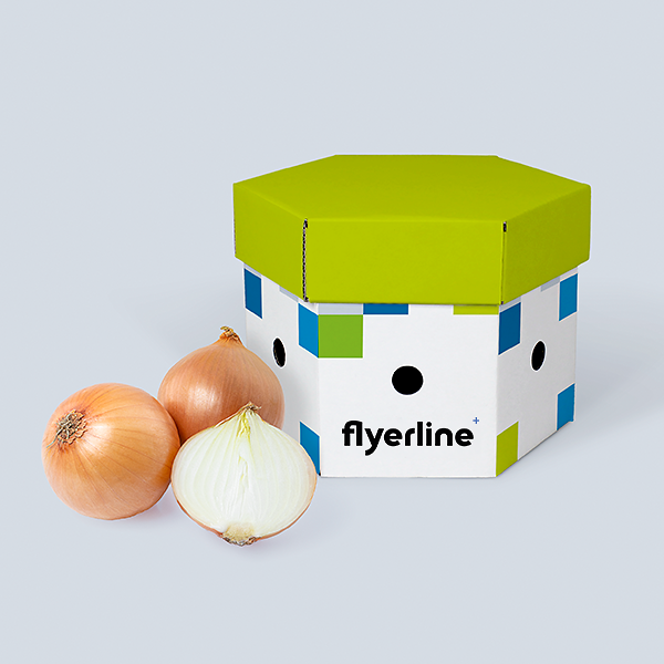 Individuell bedruckbare weisse Zwiebelbox mit Zwiebeln