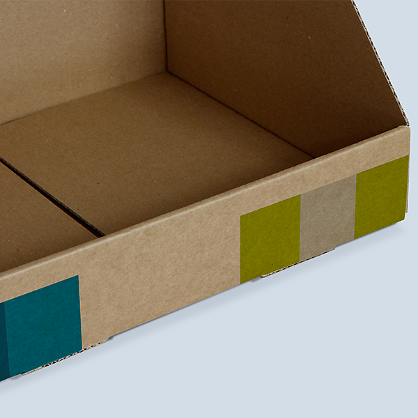 Détail de l’angle d’un Présentoir de comptoir en carton naturel