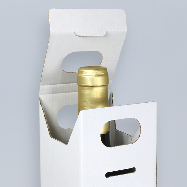 Detail der geöffneten weissen 1er-Weinverpackung mit Weinflasche