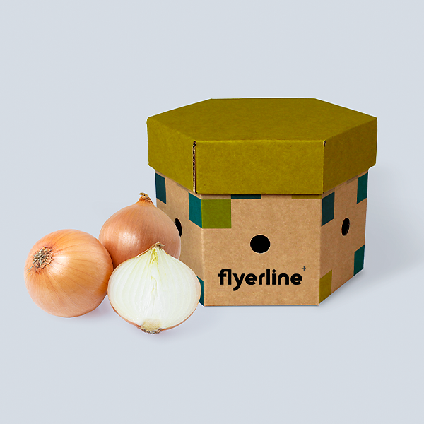 Individuell bedruckbare braune Zwiebelbox mit Zwiebeln