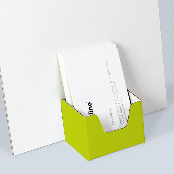 White Business Card Holder Portrait with portrait-format cards in a green compartment