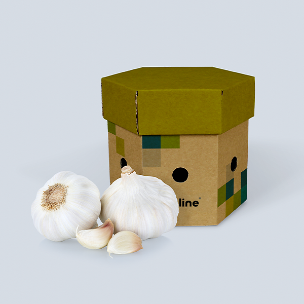 Custom-printable brown Onion and Garlic Box filled with garlics