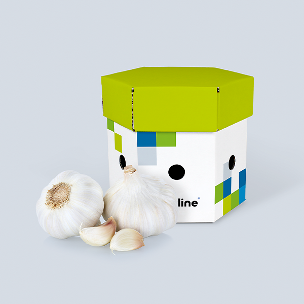 Custom-printable white Onion and Garlic Box filled with garlics