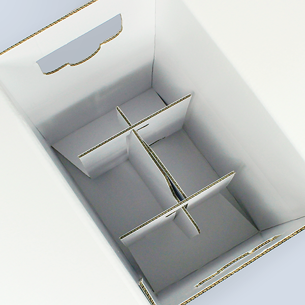 Interior view of the white 6-bottle cardboard wine box with six bottle compartments