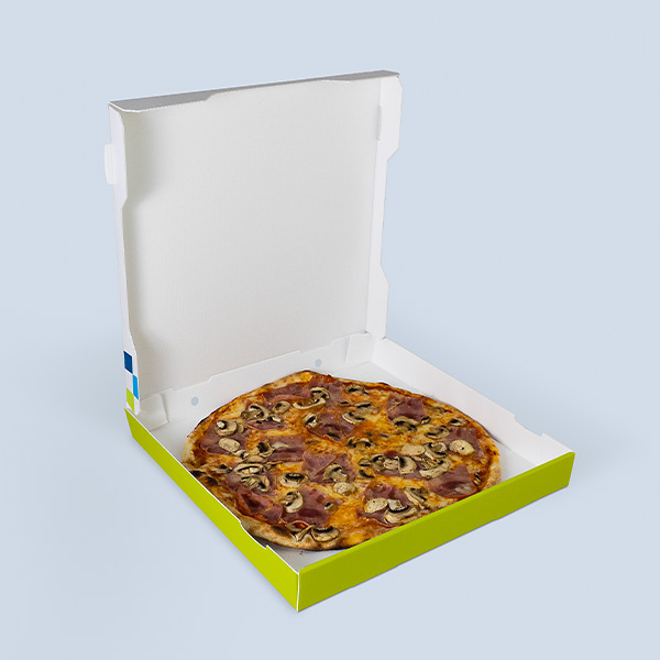 Geöffneter Pizzakarton mit Pizza für Take-away