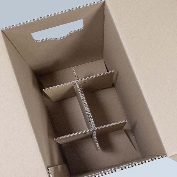 Interior view of the brown 6-bottle cardboard wine box with six bottle compartments