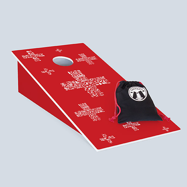 Rotes Cornhole-Brett im Schweizer Design mit Wurfsäckchen