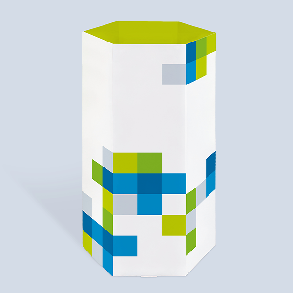 Bac de présentation hexagonal personnalisable pour promotions en magasin