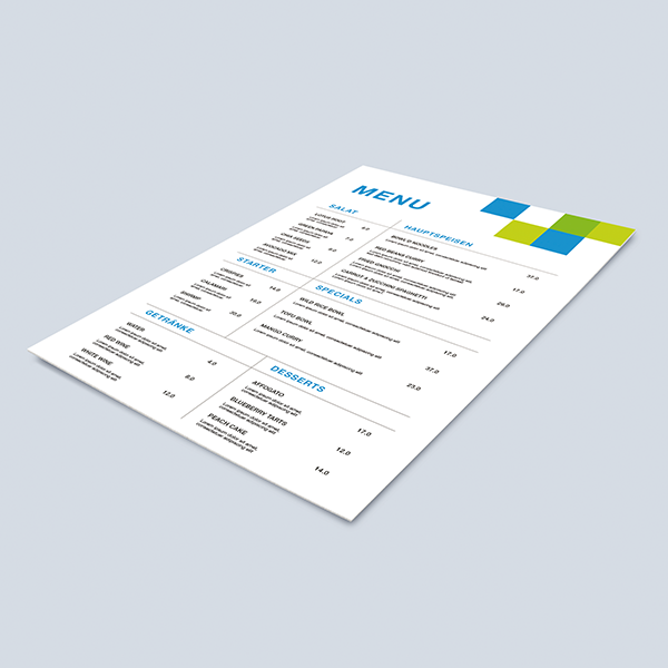 Custom-printable unfolded restaurant menu